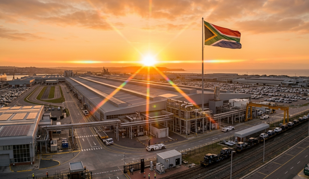 Is the King Dead? Morocco Dethrones Mzansi in 2025 South African national flag flying at an automotive assembly plant at sunrise representing a new start for the industry.