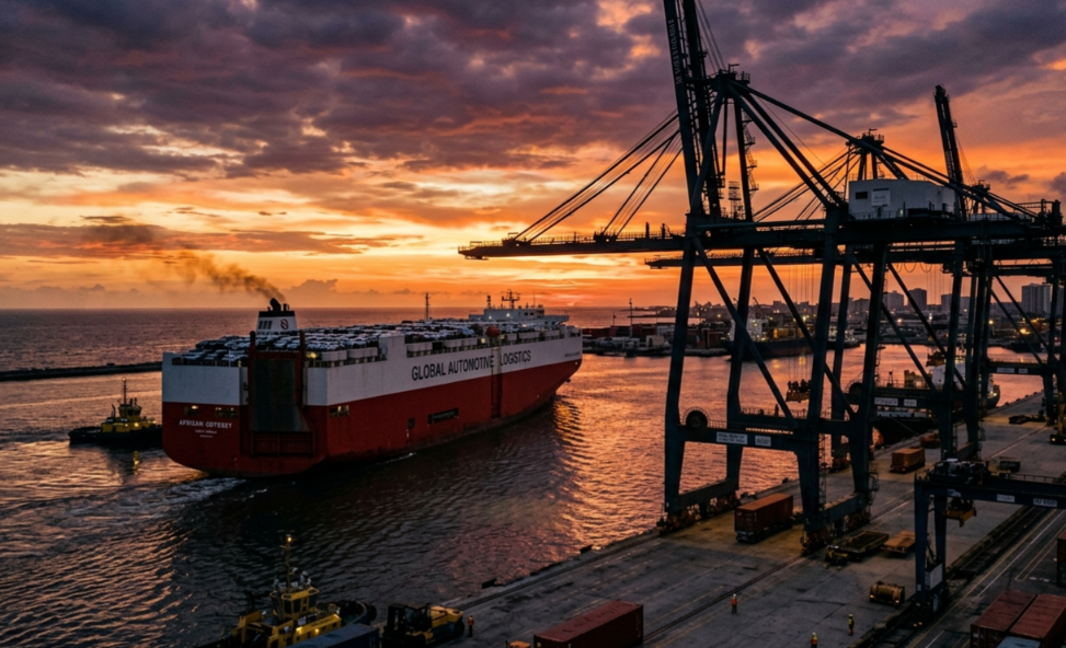 Is the King Dead? Morocco Dethrones Mzansi in 2025 A large vehicle carrier ship leaving a South African port at sunset illustrating the scale of car exports.