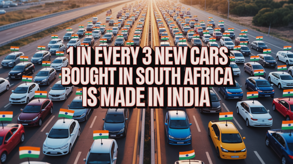 Everyone Blames China... But India Just Took 1 in 3 New Cars in Mzansi AI-generated anime illustration of a South African road. One out of every three cars is subtly marked with an Indian flag to represent the statistic that 1 in 3 new cars bought in SA is made in India.
