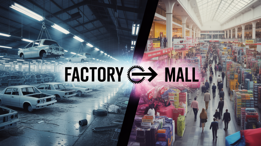 Everyone Blames China... But India Just Took 1 in 3 New Cars in Mzansi Split image comparing an empty, abandoned factory on one side with a busy shopping mall on the other, illustrating the shift from manufacturing to consumption